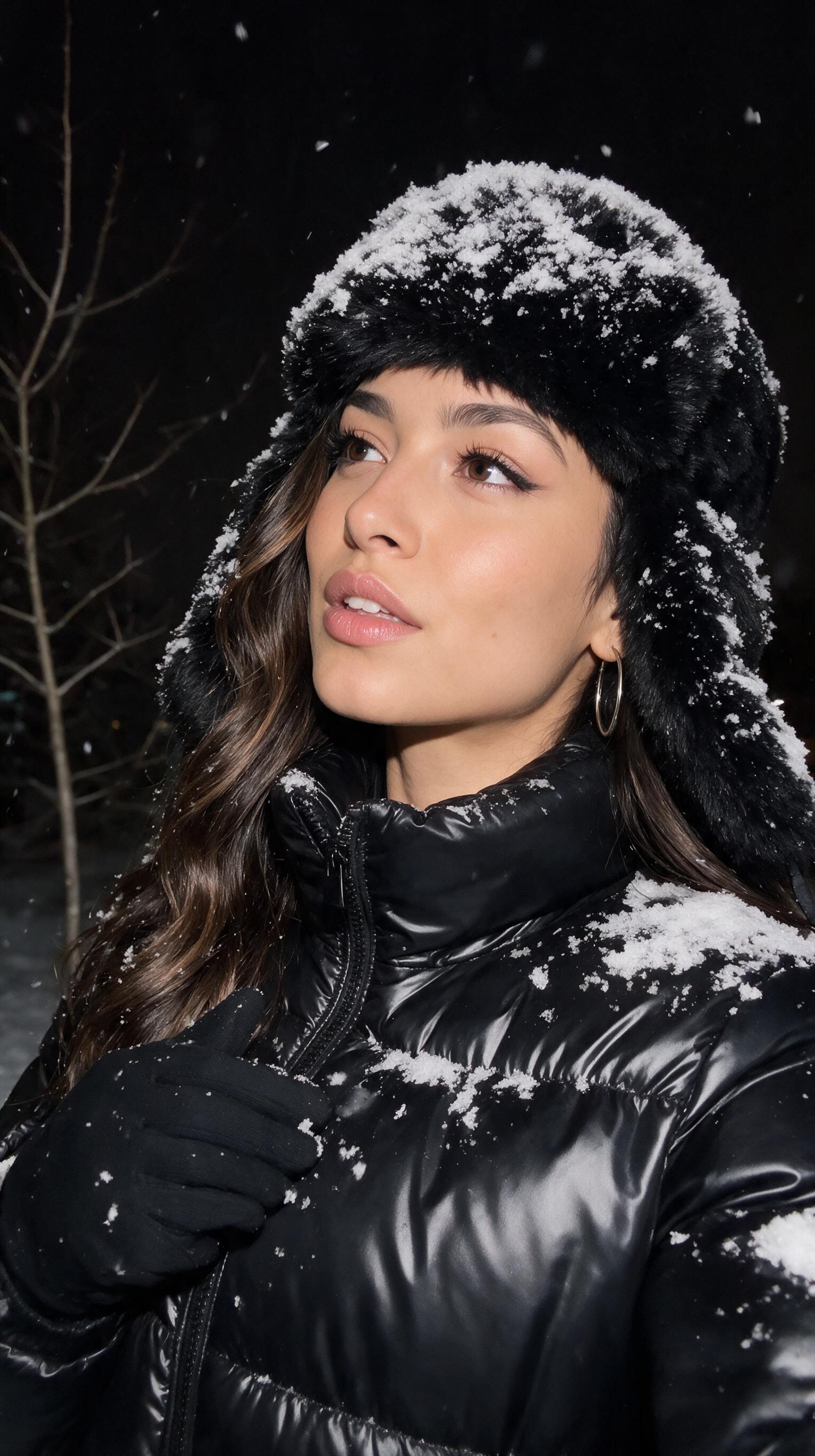Mira in a snowy nighttime winter portrait